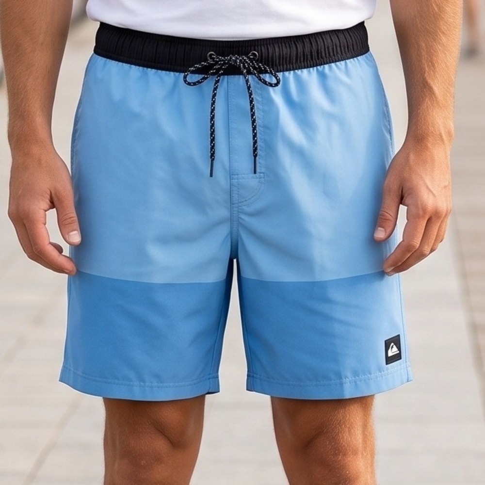Quiksilver Mens Blue Colorblock Board Shorts Swim Trunks Black Waistband XL
